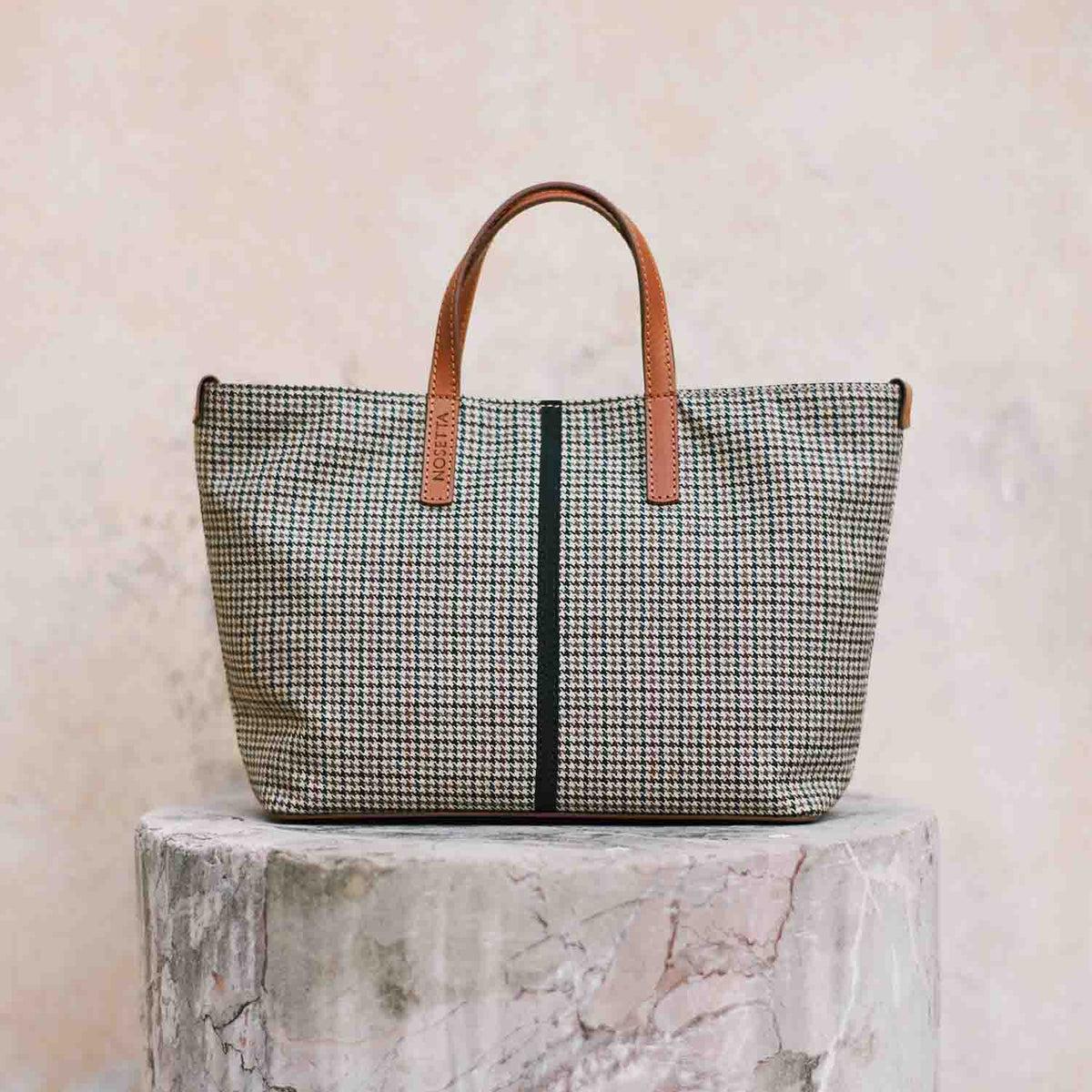 Carlia Small Tote Wool Houndstooth and Leather