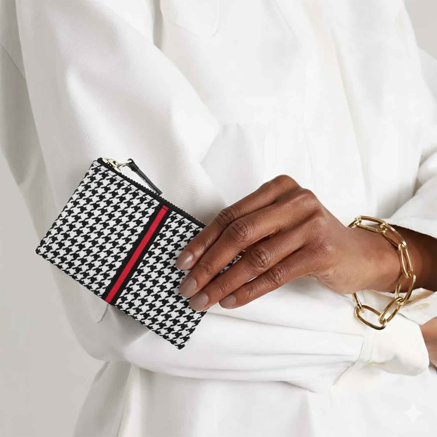 Erba Zip Card Case Pouch Houndstooth Wool and Leather