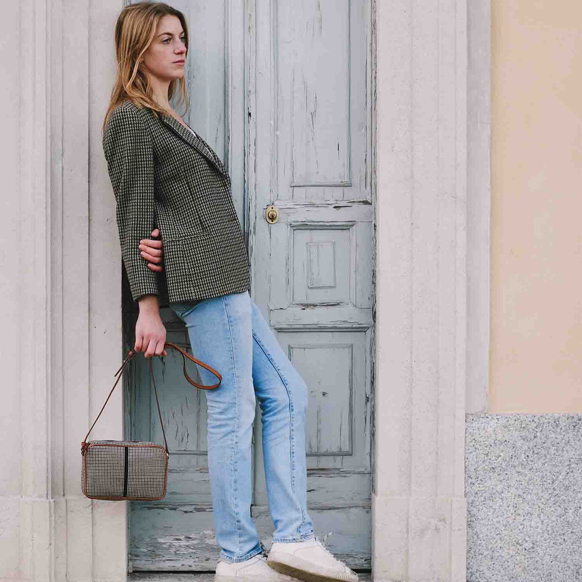 Margherita-L Crossbody Wool Houndstooth and Leather