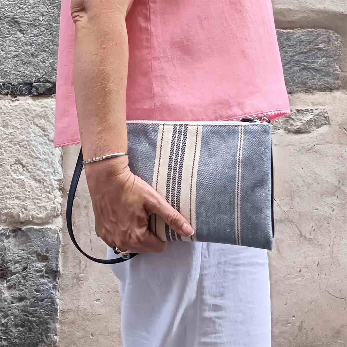 Gallia-LS Clutch Stripe Linen and Leather