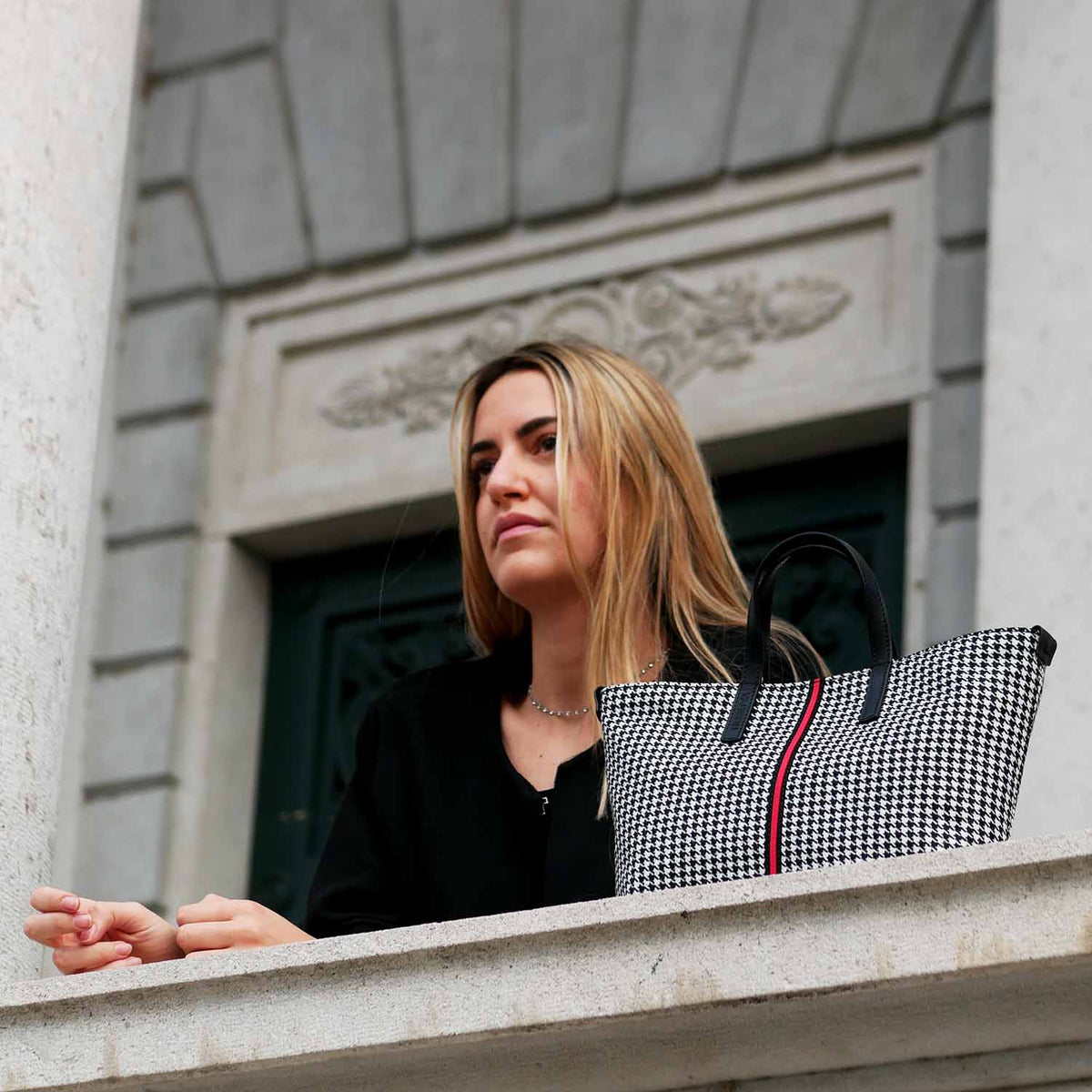 Carlia Small Tote Wool Houndstooth and Leather