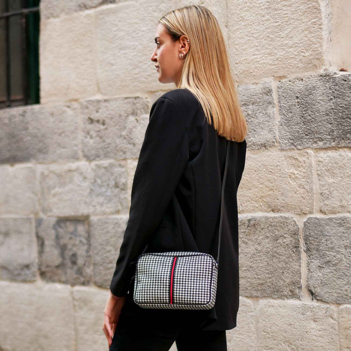 Margherita-L Crossbody Wool Houndstooth and Leather